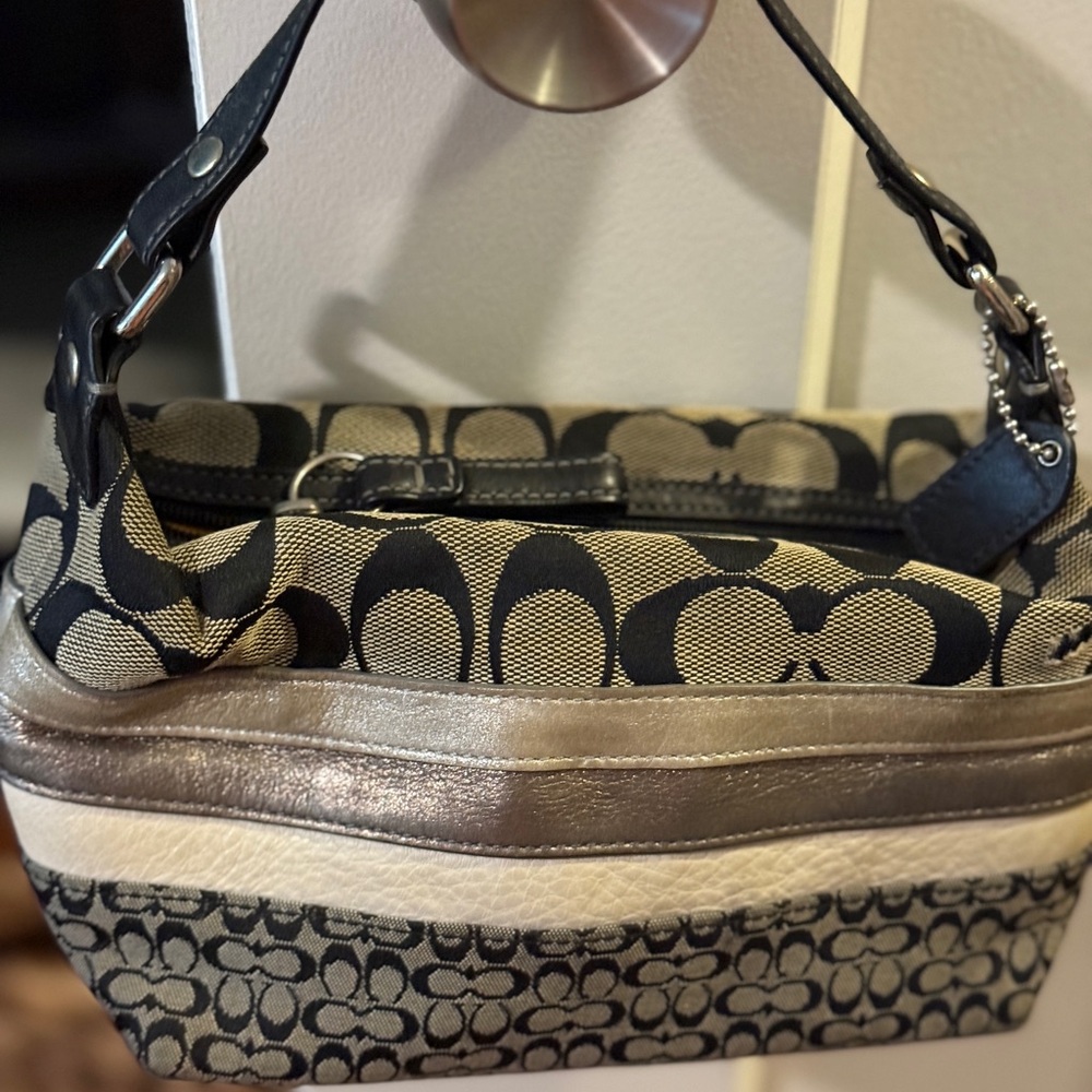 Coach Black and Cream Shoulder Bag with Silver Accents